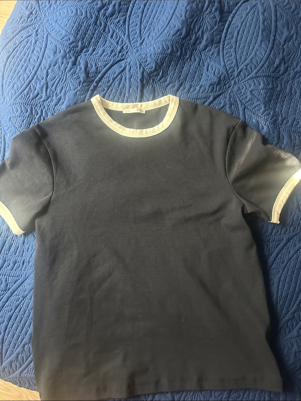 Zara Black Short Sleeve Ringer Tee with Cream Trim